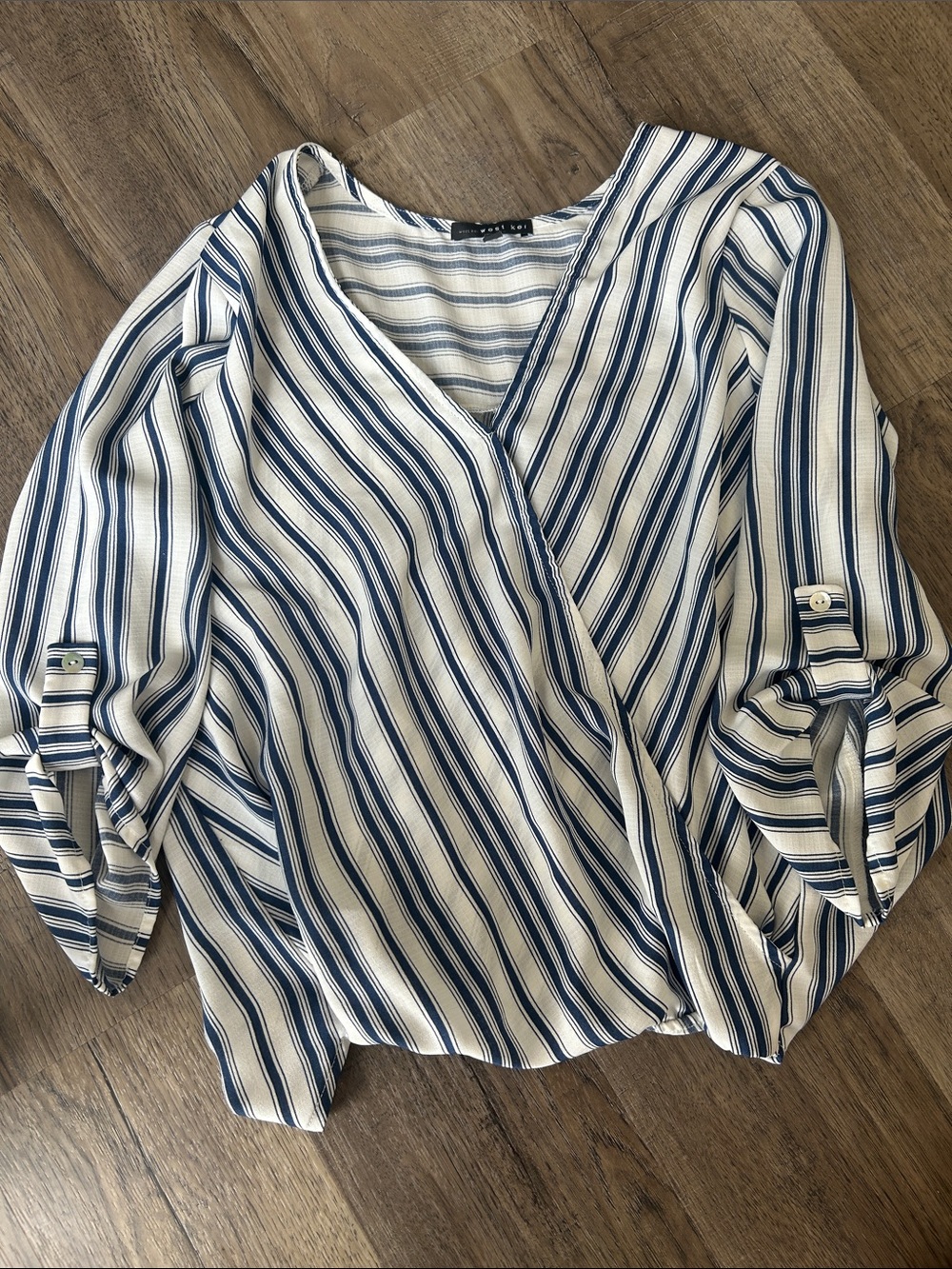 West Kei Navy and Cream Striped Wrap Blouse